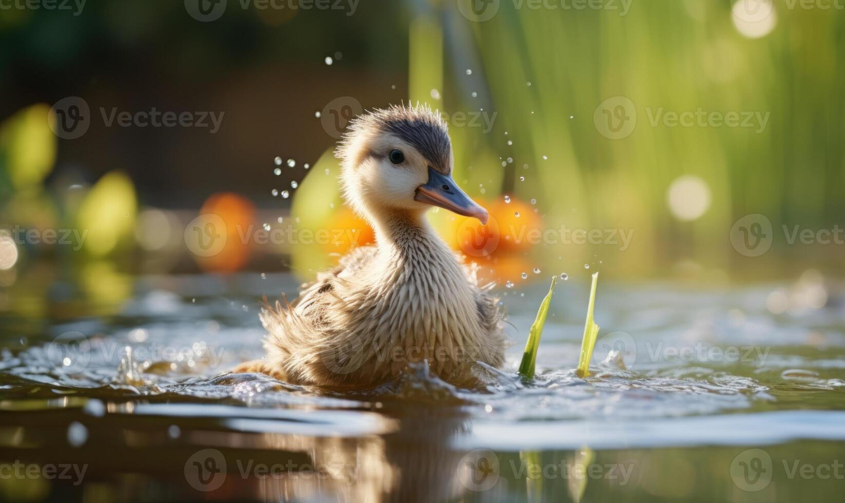 AI generated Duckling swimming in the lake with water drops in the background photo
