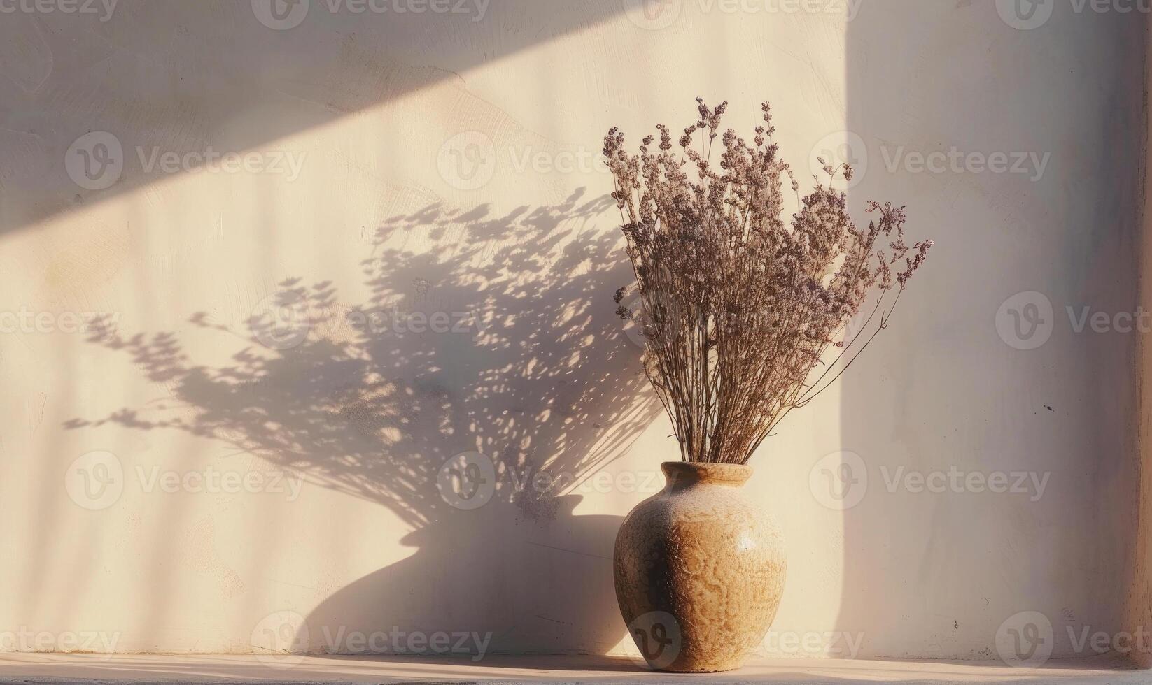 AI generated Bouquet of dried flowers in wicker vase on white wall background photo