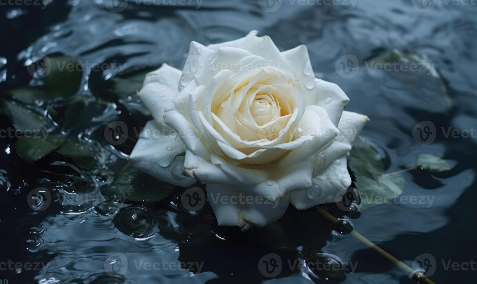 AI generated White rose with water drops on dark background. Water splash with water drops. photo