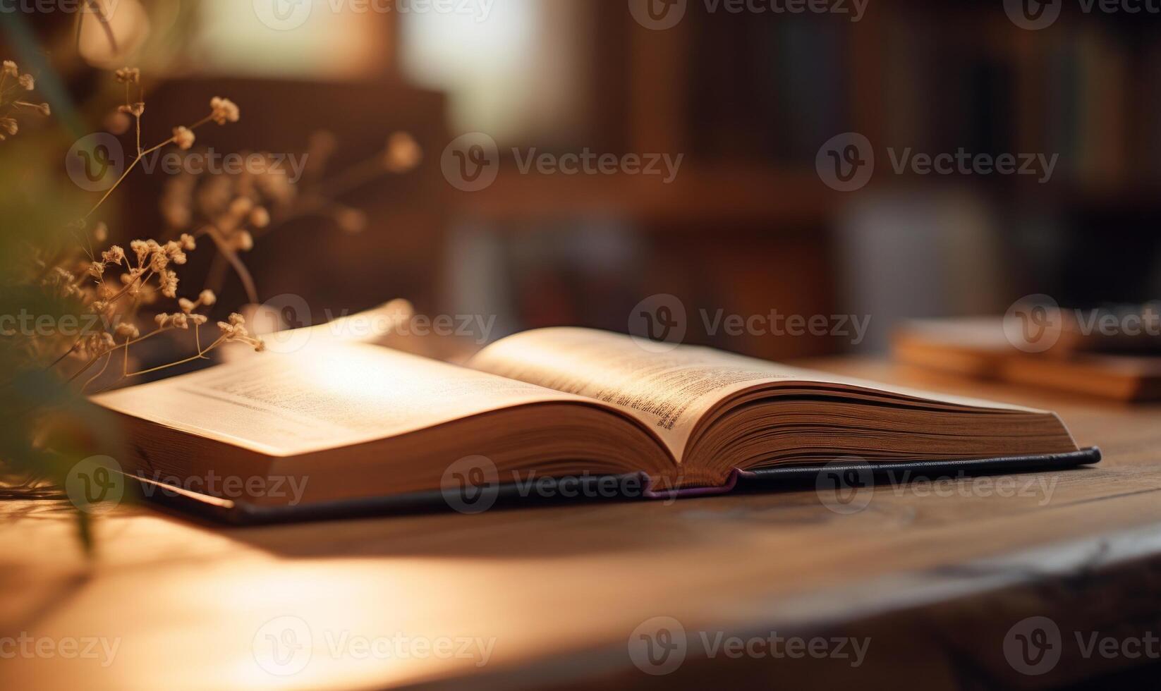 AI generated Open book on a wooden table, lit by the rays of the sun photo