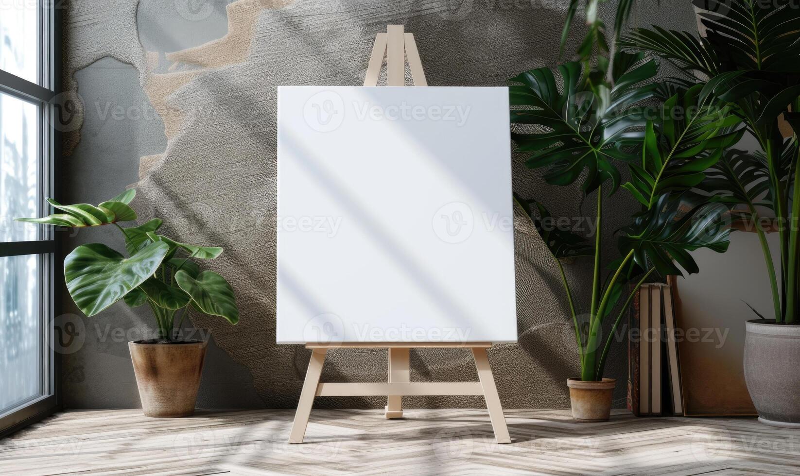 AI generated Blank canvas hanging on a wooden easel standing against gray wall in a room with plants photo