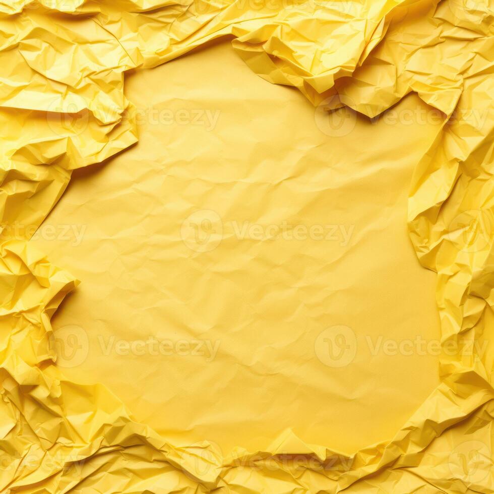 AI generated Yellow creased crumpled paper background grunge texture backdrop. photo