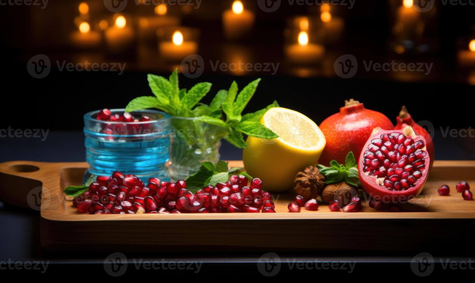 AI generated Ripe pomegranate fruit on a wooden background. Selective focus. photo