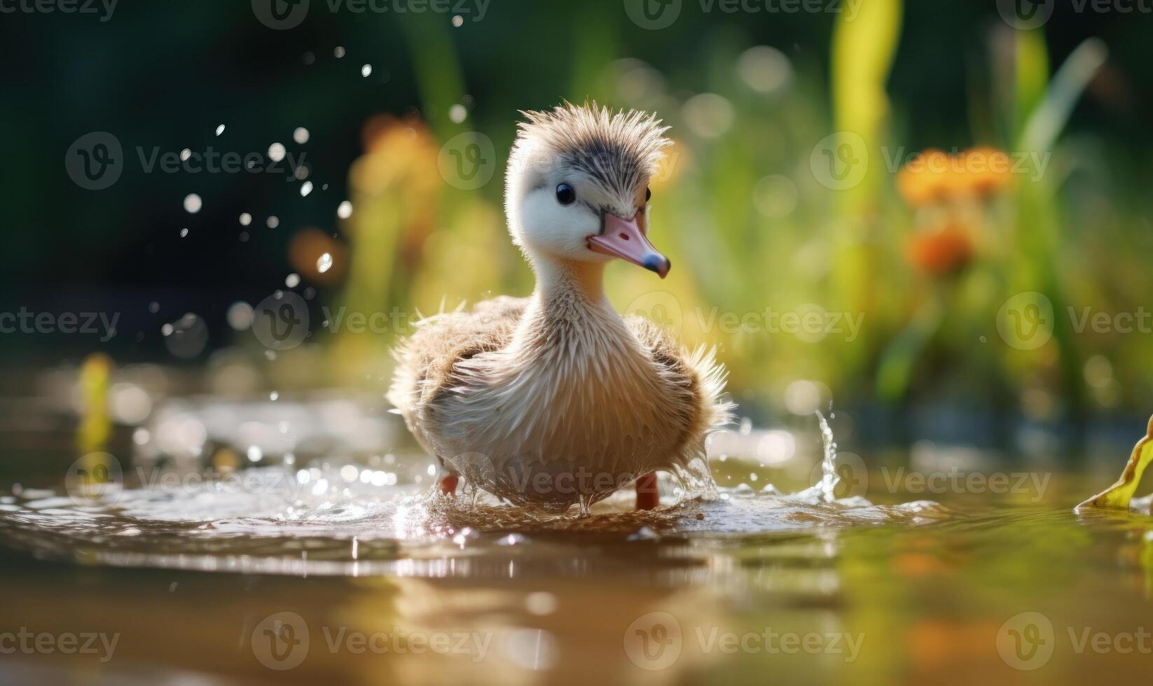 ai generado pequeño anadón nadando en el agua en un soleado verano día. foto