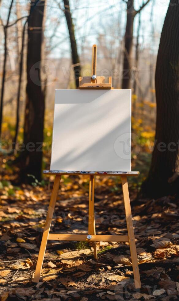 AI generated Wooden easel with blank canvas standing in the autumn forest. photo