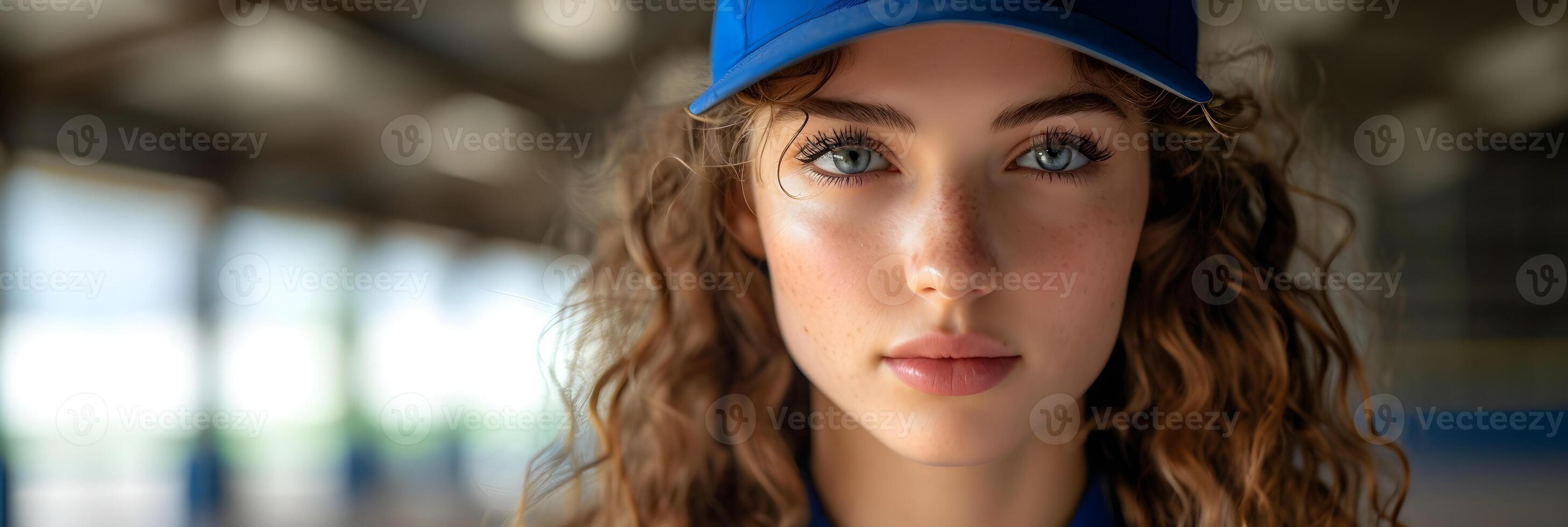 ai generado retrato de un Rizado pelo blanco hembra en béisbol jugador uniforme, antecedentes imagen, ai generado foto