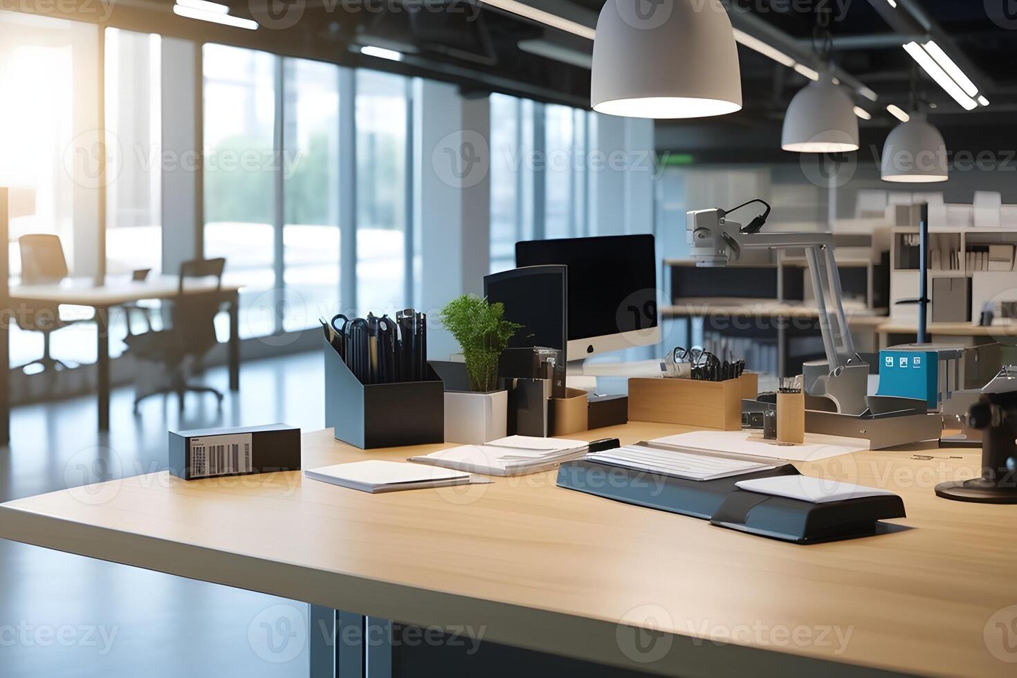AI generated Workbench against office space background, background image, generative AI photo