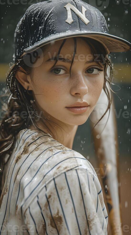 AI generated Portrait of a young white female wearing baseball player uniform in action, background image, AI generated photo