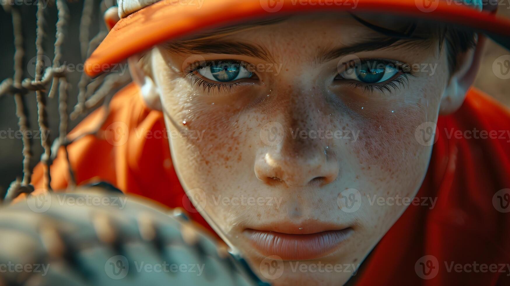 AI generated Portrait of a young white male wearing baseball player uniform in action, background image, AI generated photo