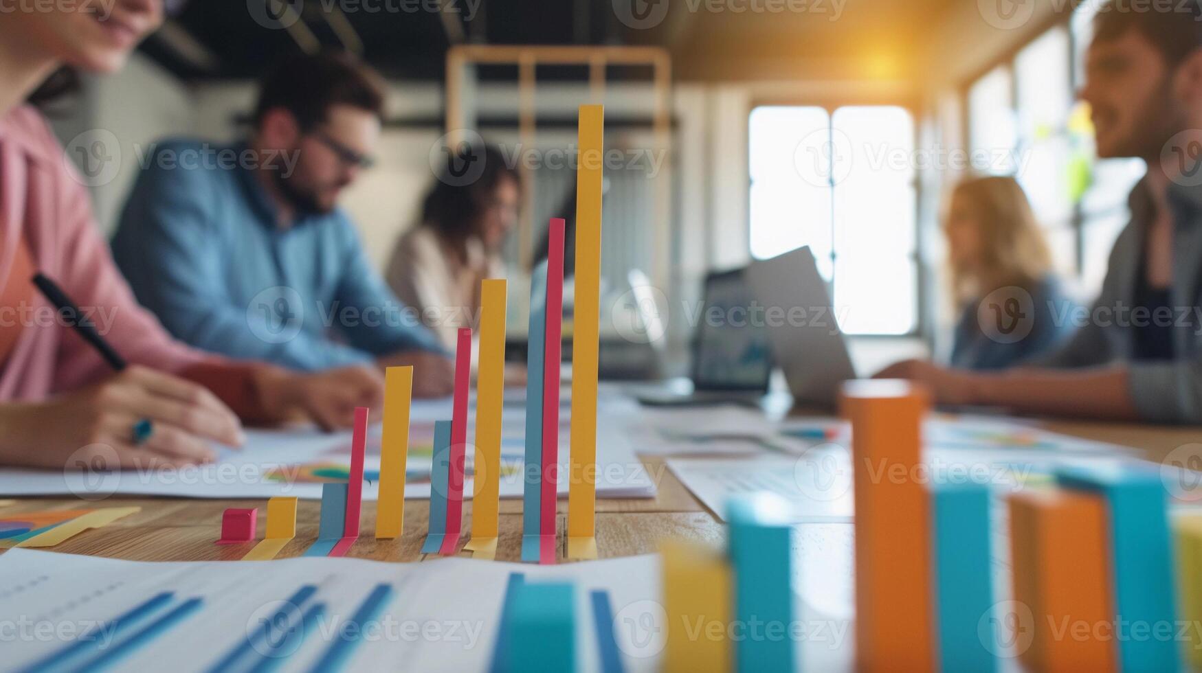 AI generated Bar chart where each bar represents a different team contribution to the overall business growth, background image, generative AI photo