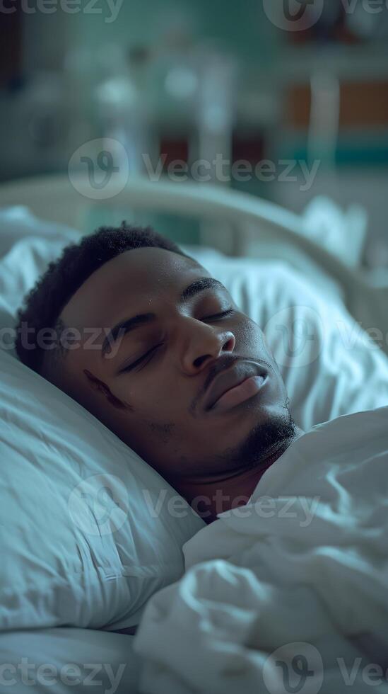 AI generated Portrait of a young black male sleeping sick in a hospital bed with a pained face, background image, AI generated photo