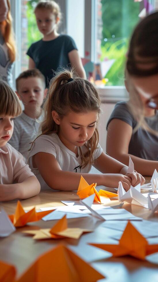 AI generated Origami Workshop, people of all ages engaging in an origami workshop, background image, generative AI photo