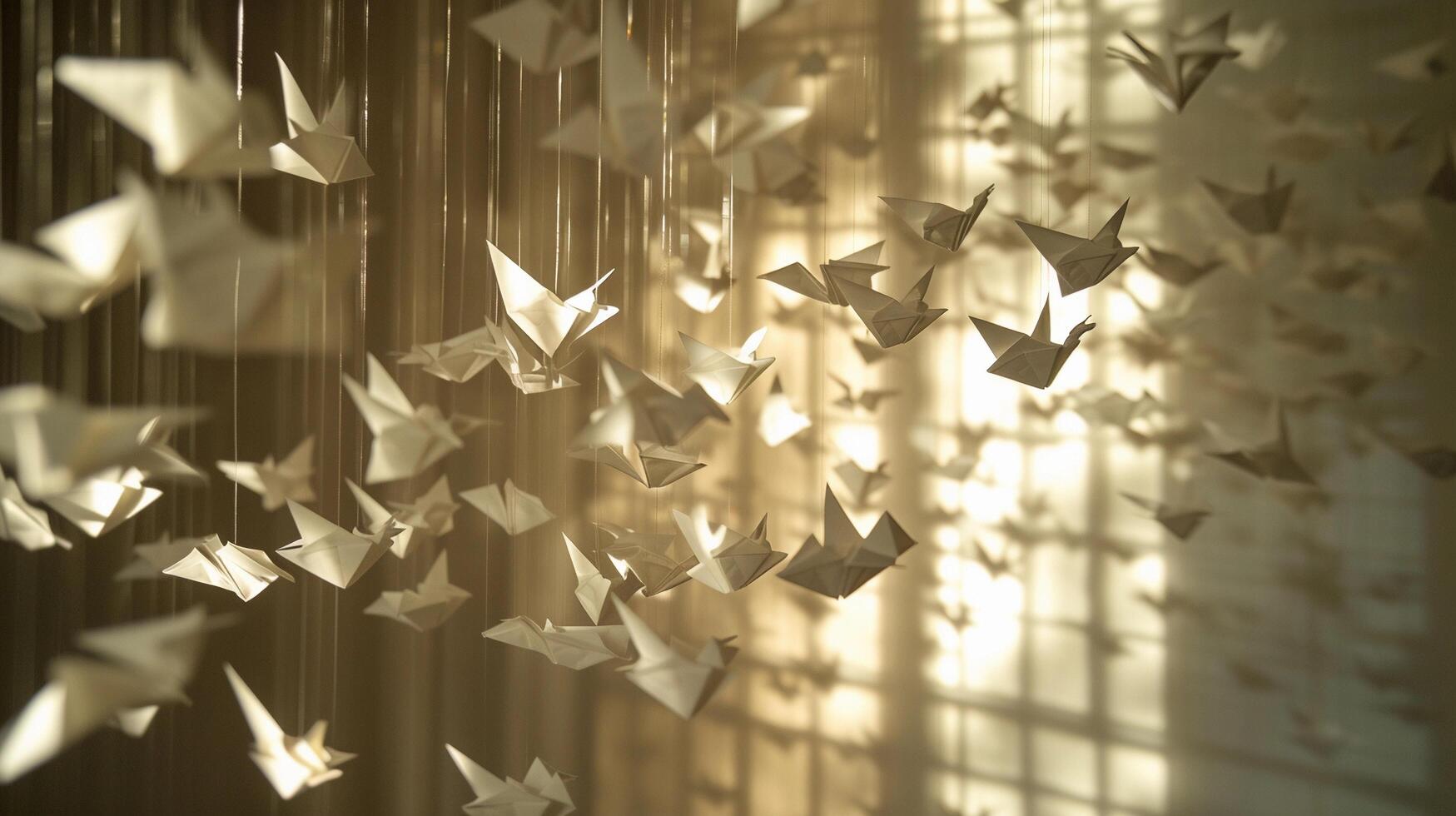 AI generated Origami Mobile, mobile composed of delicate origami creations, background image, generative AI photo