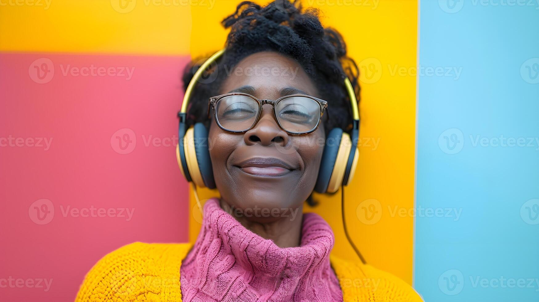 AI generated Portrait of a black middle-aged female smiling while wearing wireless headphones against colorful background, generative AI photo