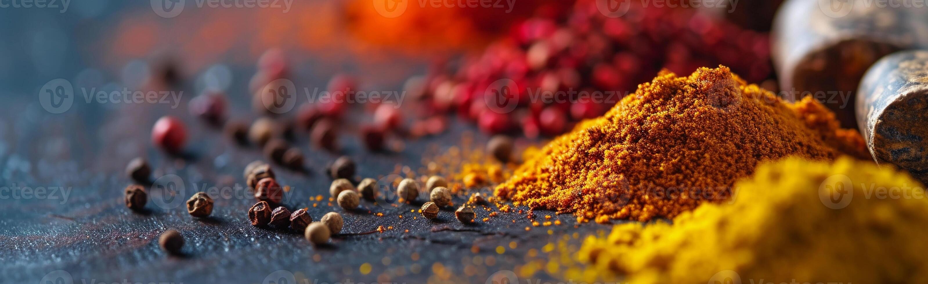 AI generated Spice Palette, artistic arrangement of various spices in small bowls or containers, background image, generative AI photo