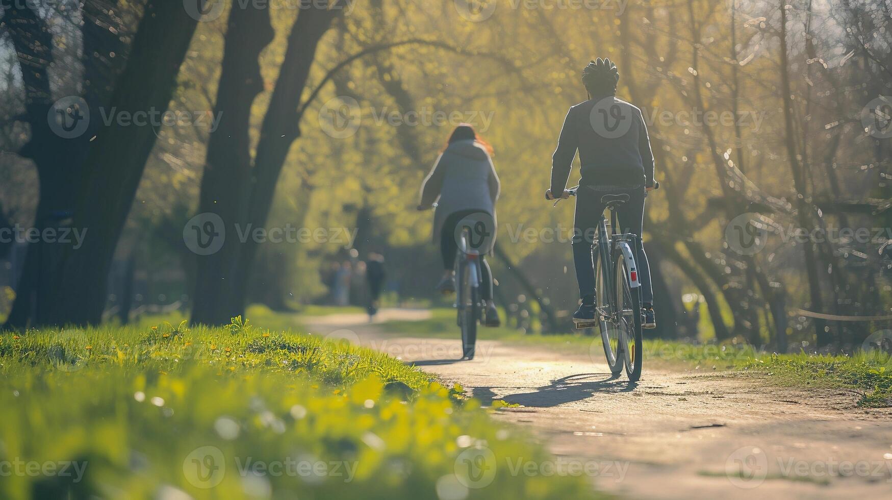 ai generado renovado al aire libre actividades, personas atractivo en al aire libre ocupaciones me gusta andar en bicicleta, senderismo, o jugando Deportes en el agradable primavera clima, antecedentes imagen, generativo ai foto