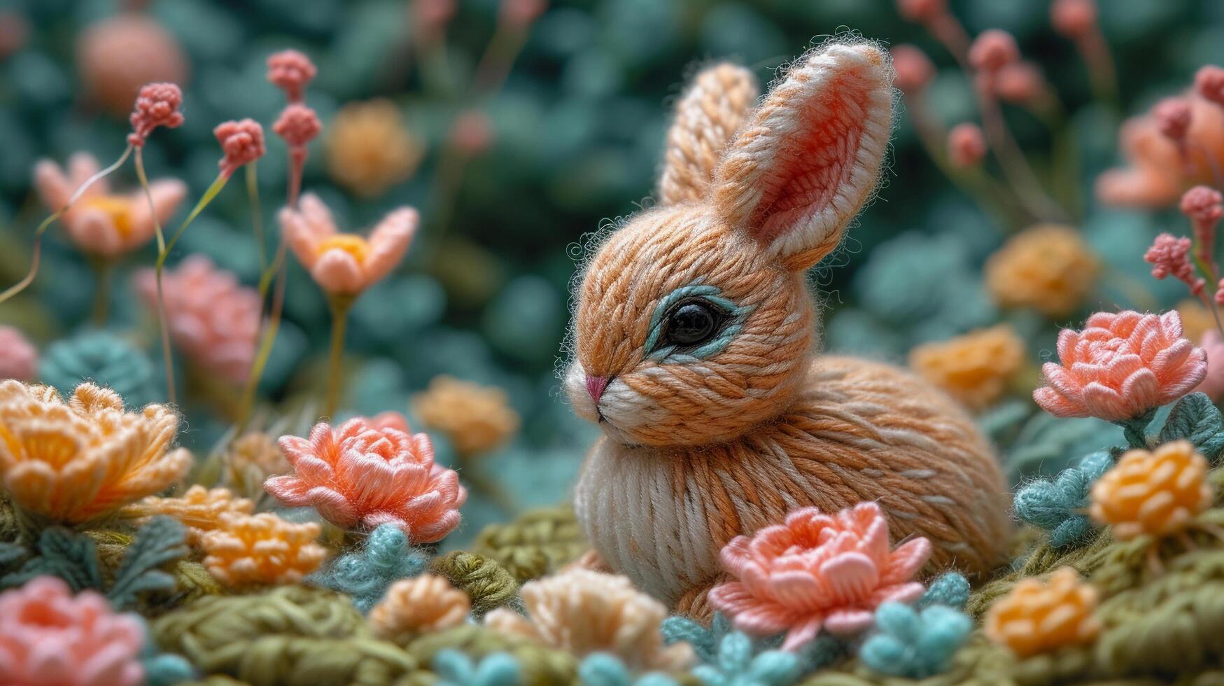 AI generated Easter bunny, bright colored embroidery style, background image, generative AI photo