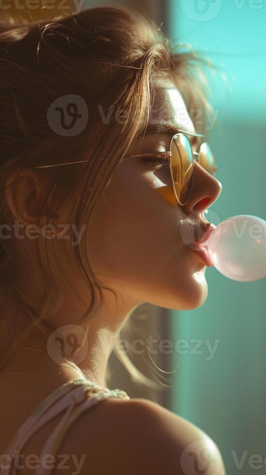 AI generated Portrait of a young white female wearing sunglasses blowing bubble gum, background image, generative AI photo