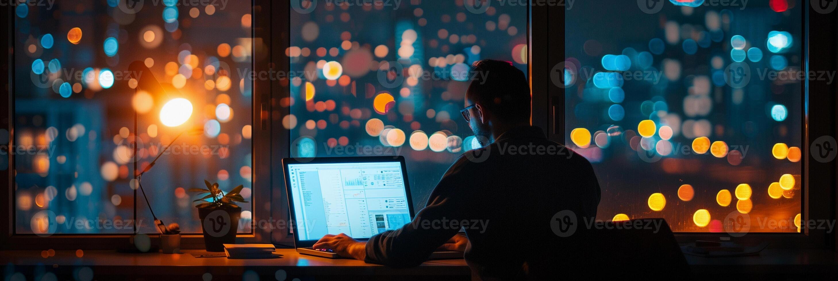 AI generated After-Hours Work, soft focus lens, Illustrate a dedicated employee working late at the office, background image, generative AI photo