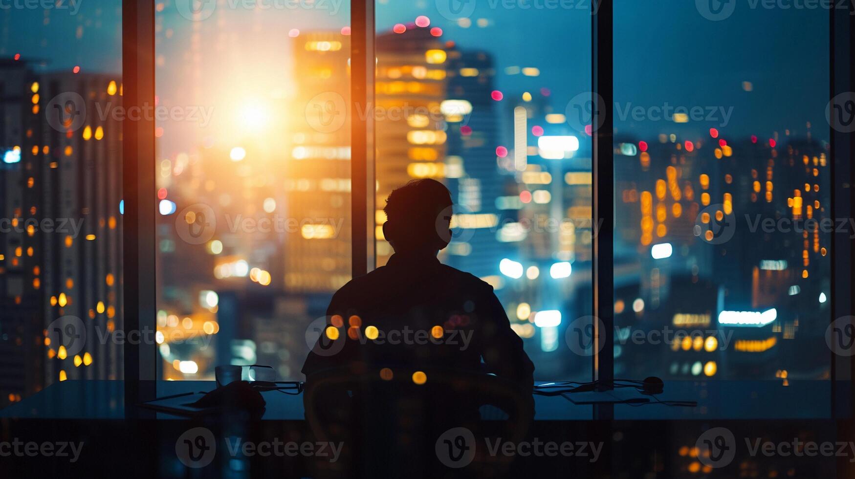 AI generated After-Hours Work, soft focus lens, Illustrate a dedicated employee working late at the office, background image, generative AI photo