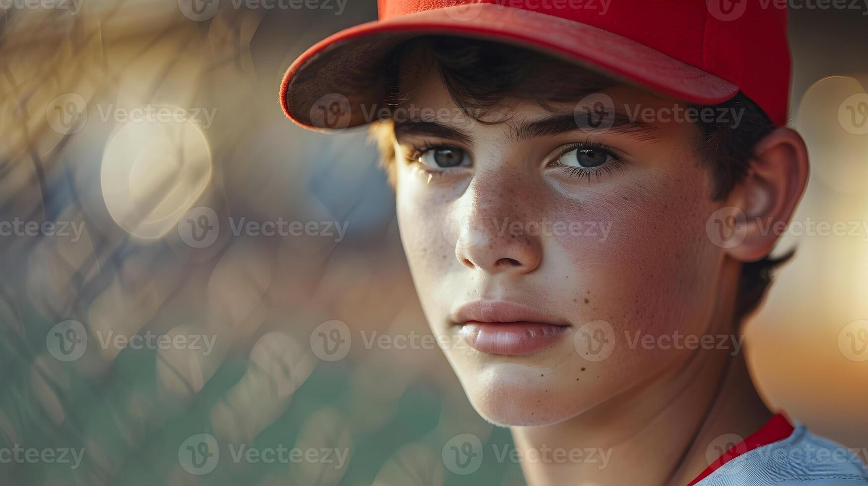 AI generated Portrait of a young white male wearing baseball player uniform in action, background image, AI generated photo