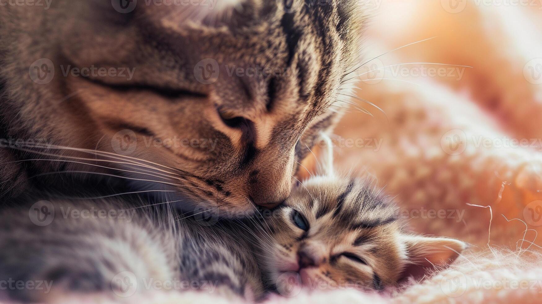 AI generated Portrait of a mom cat with a little newborn kitten, background image, generative AI photo