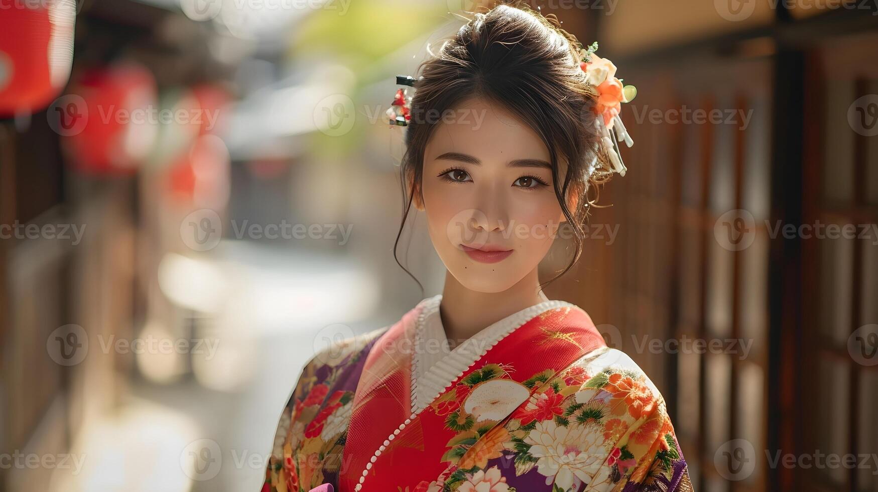 ai generado retrato de joven hermosa japonés hembra vistiendo tradicional japonés ropa, generativo ai foto