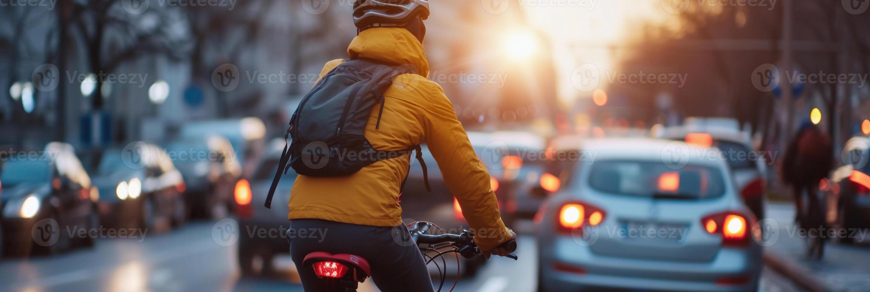 AI generated Bike Commute in the City, commuter on a bicycle navigating through city traffic, background image, generative AI photo