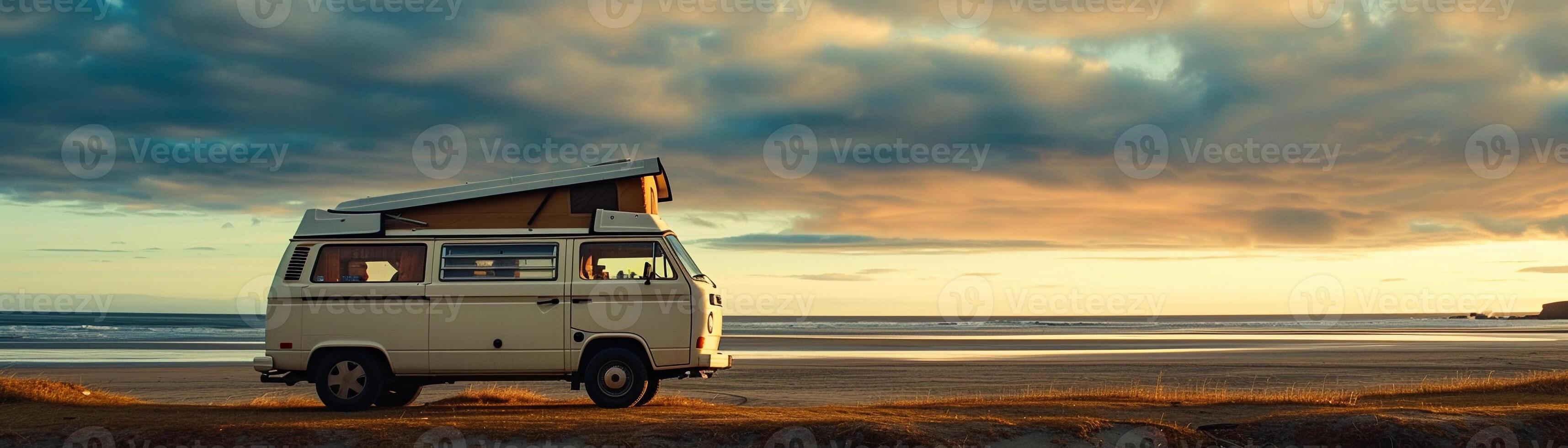 AI generated Camper Van Freedom, capture a camper van parked by the beach or in a scenic location, background image generative AI photo