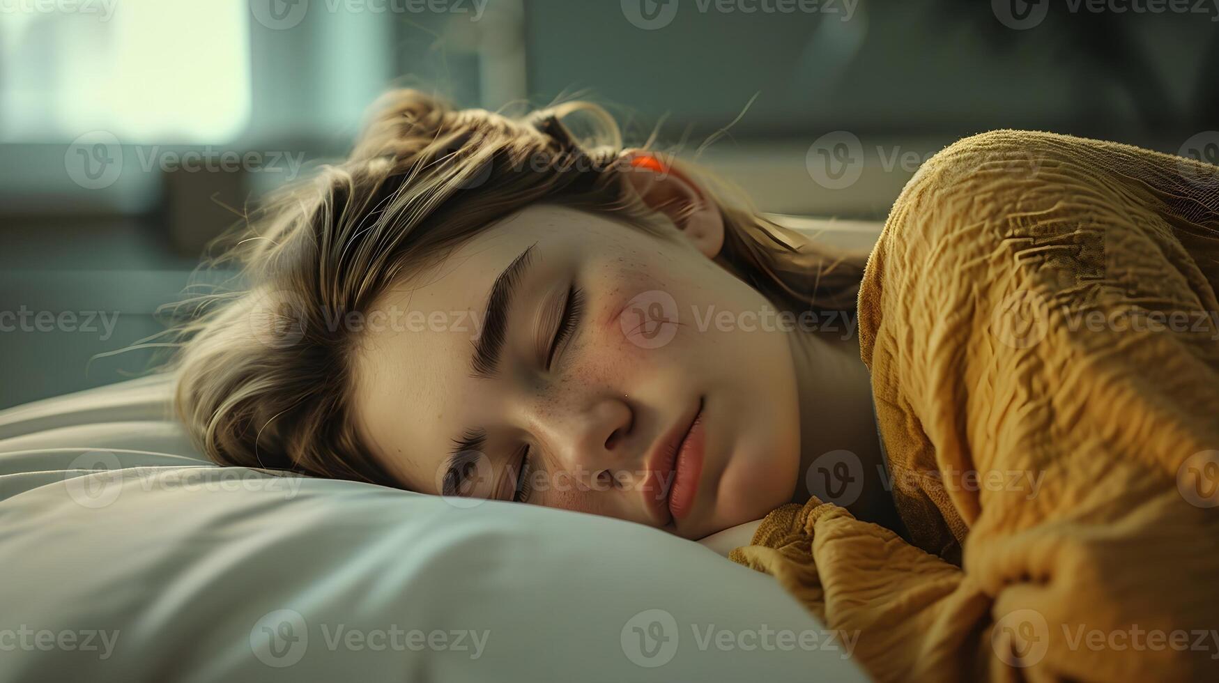 AI generated Portrait of a young white female sleeping sick in a hospital bed with a pained face, background image, AI generated photo