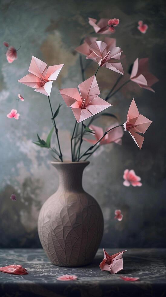 AI generated Origami Still Life, sophisticated still life arrangement with origami objects, background image, generative AI photo