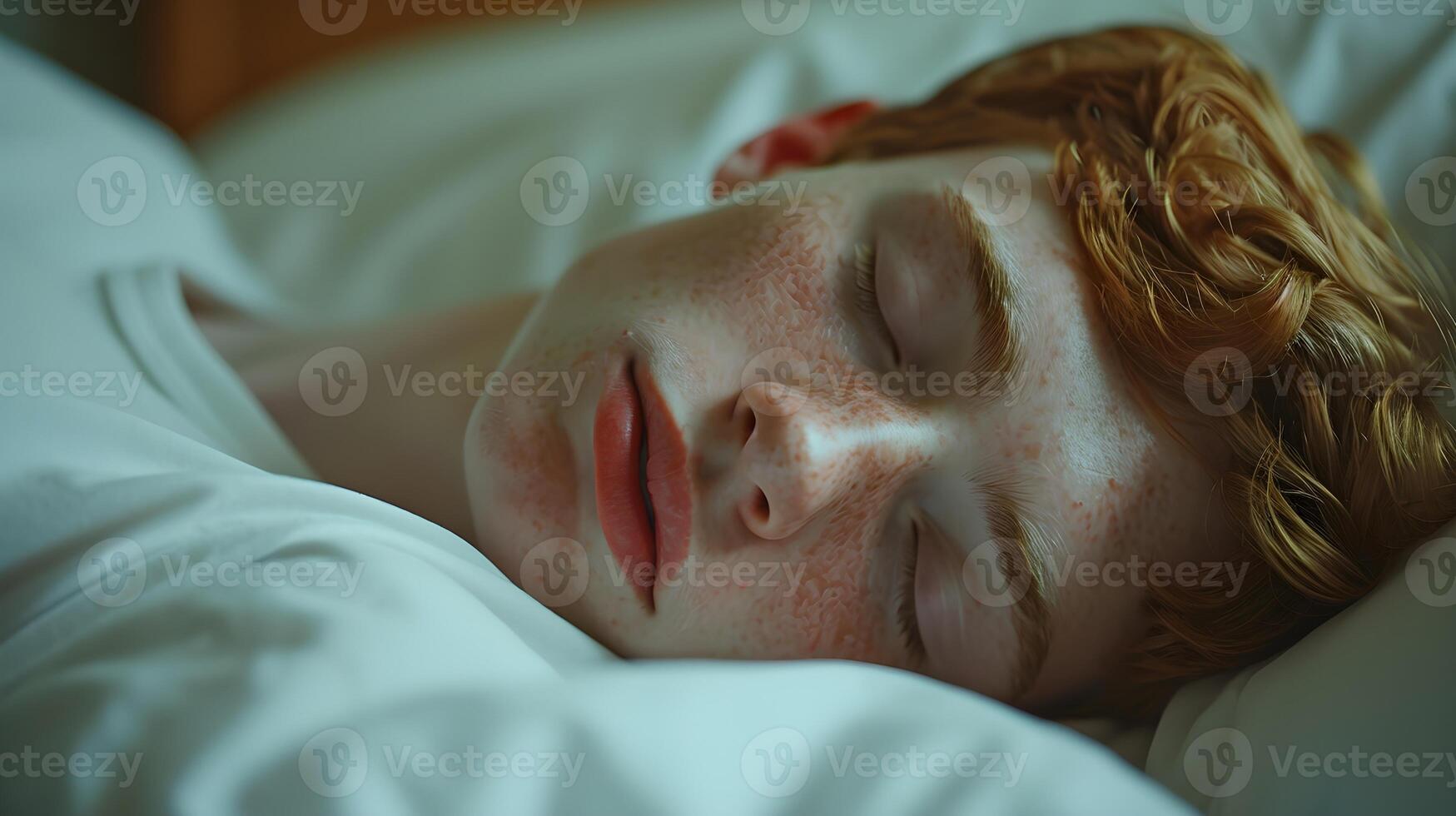 AI generated Portrait of a young white male sleeping sick in a hospital bed with a pained face, background image, AI generated photo