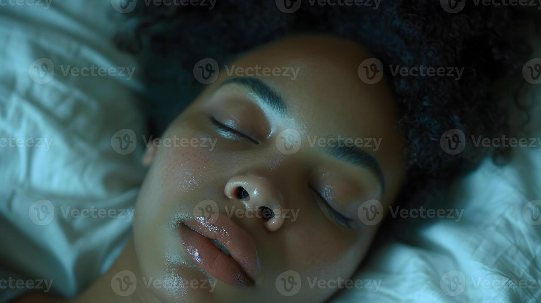 AI generated Portrait of a young black female sleeping sick in a hospital bed with a pained face, background image, AI generated photo