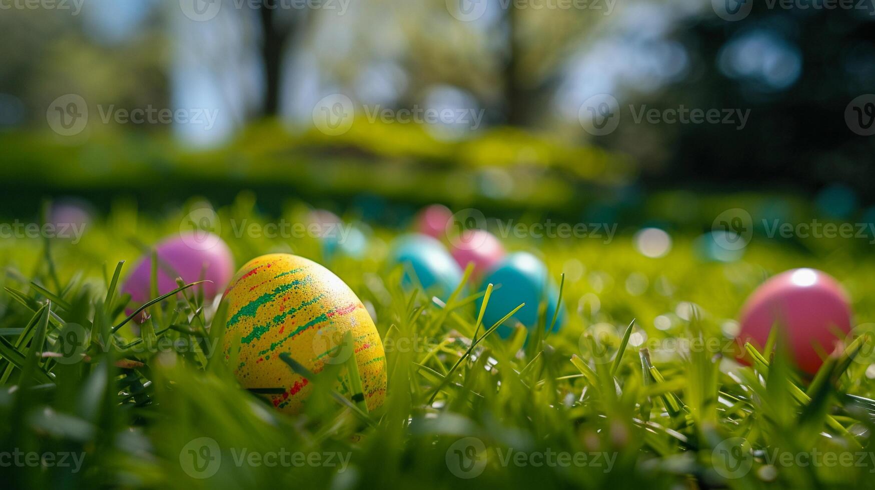 AI generated Easter Egg Hunt, background image, generative AI photo