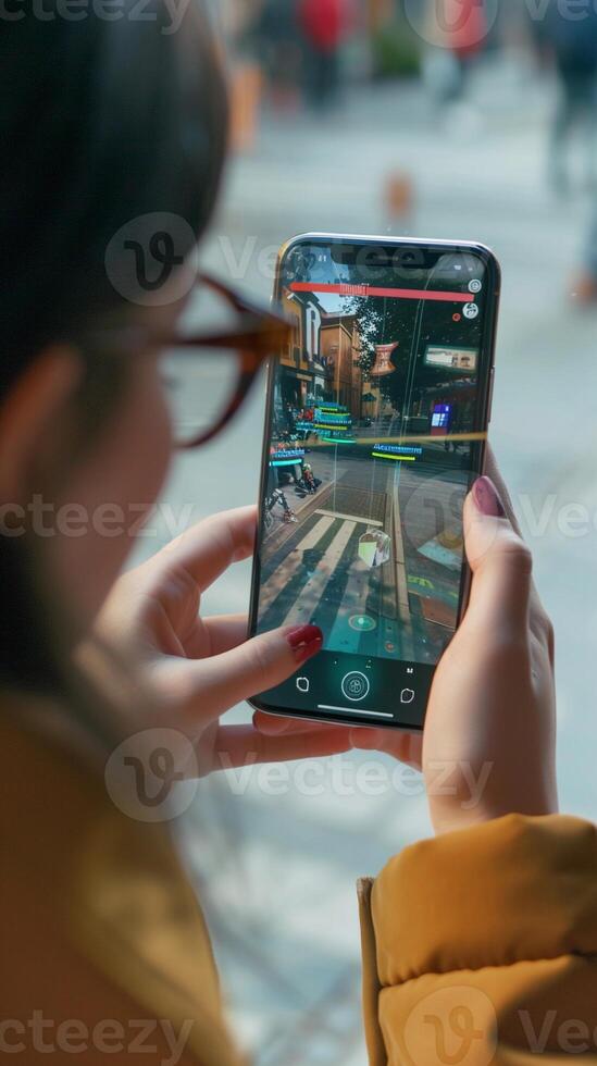 AI generated Augmented Reality Gaming, illustrate a person playing an augmented reality game, background image, generative AI photo