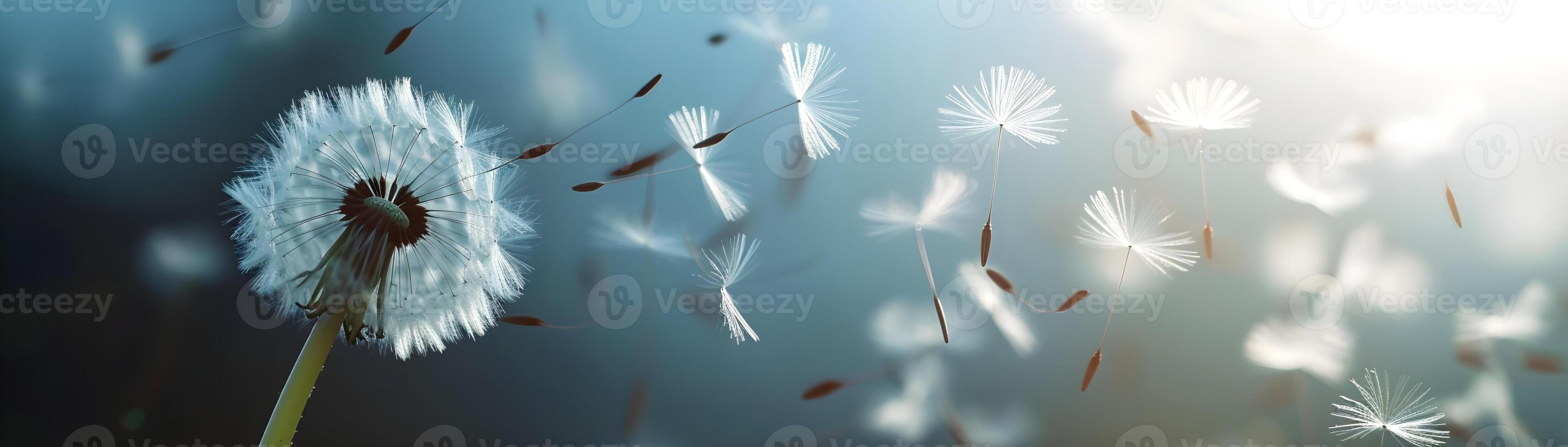 AI generated Freeze the moment when dandelion seeds are released into the air, background image, generative AI photo