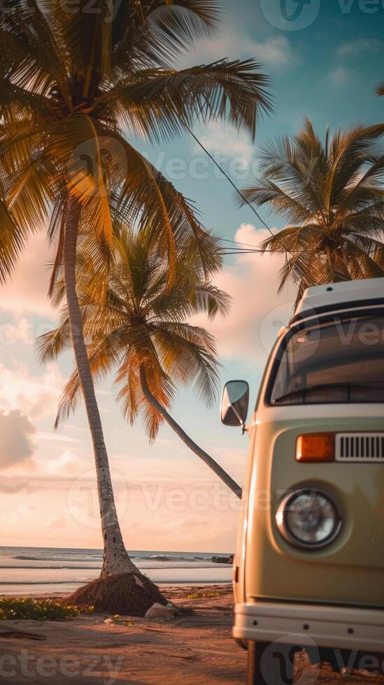 AI generated Camper Van Freedom, capture a camper van parked by the beach or in a scenic location, background image generative AI photo