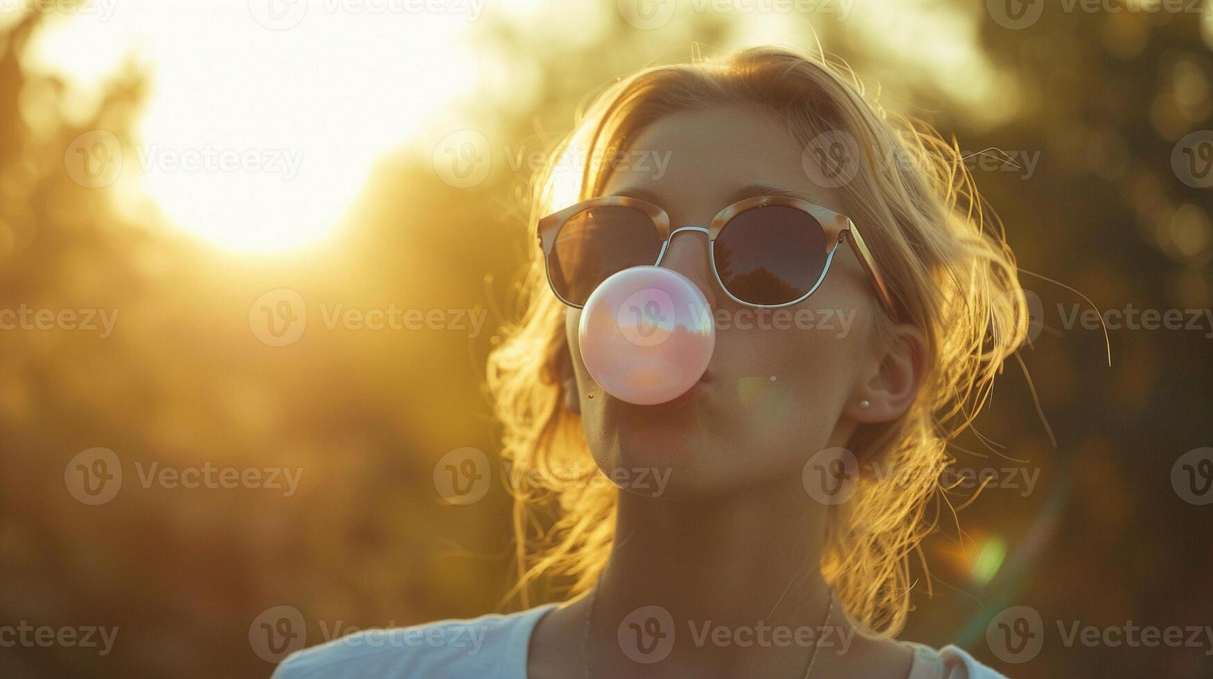 AI generated Portrait of a young white female wearing sunglasses blowing bubble gum, background image, generative AI photo