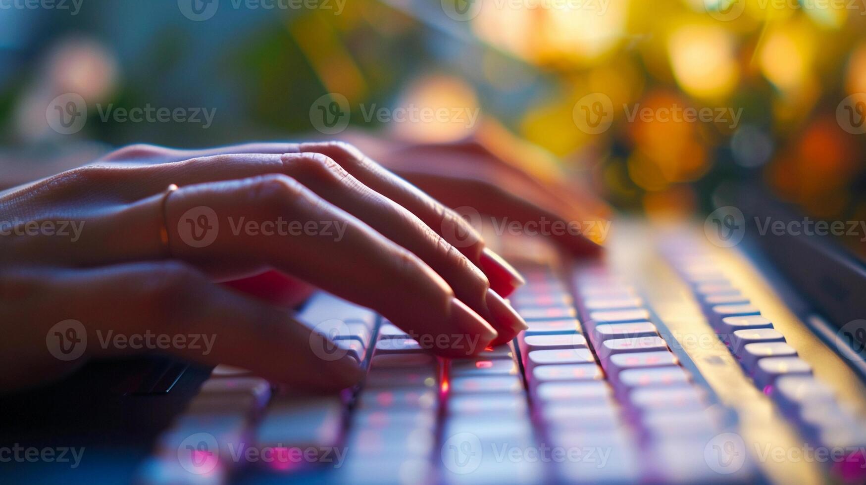 AI generated Zoom in on a person's hands typing on a keyboard, background image, generative AI photo