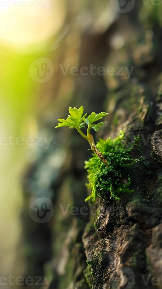 AI generated Miniature landscape of moss growing on a tree bark, background image, generative AI photo