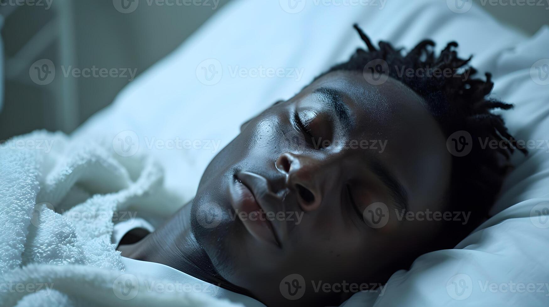 AI generated Portrait of a young black male sleeping sick in a hospital bed with a pained face, background image, AI generated photo
