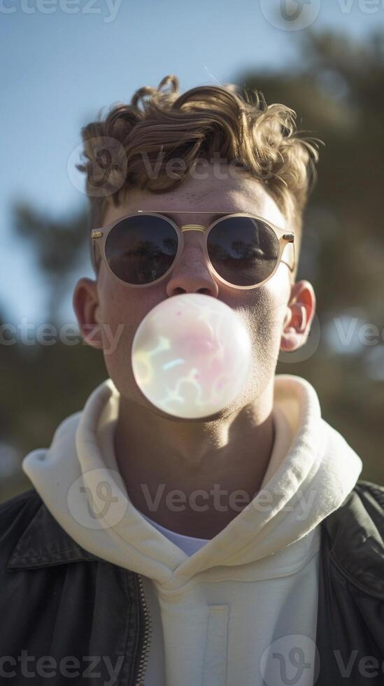 ai generado retrato de un joven blanco masculino vistiendo Gafas de sol soplo burbuja chicle, antecedentes imagen, generativo ai foto