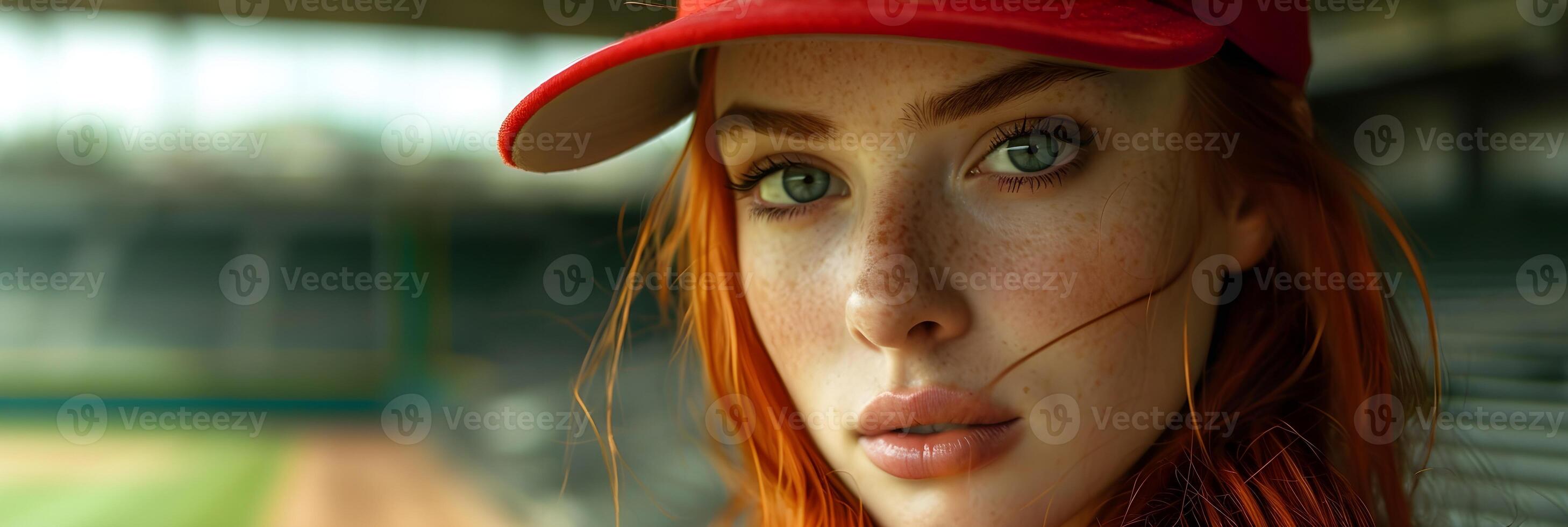 ai generado retrato de un rojo pelo blanco hembra en béisbol jugador uniforme, antecedentes imagen, ai generado foto