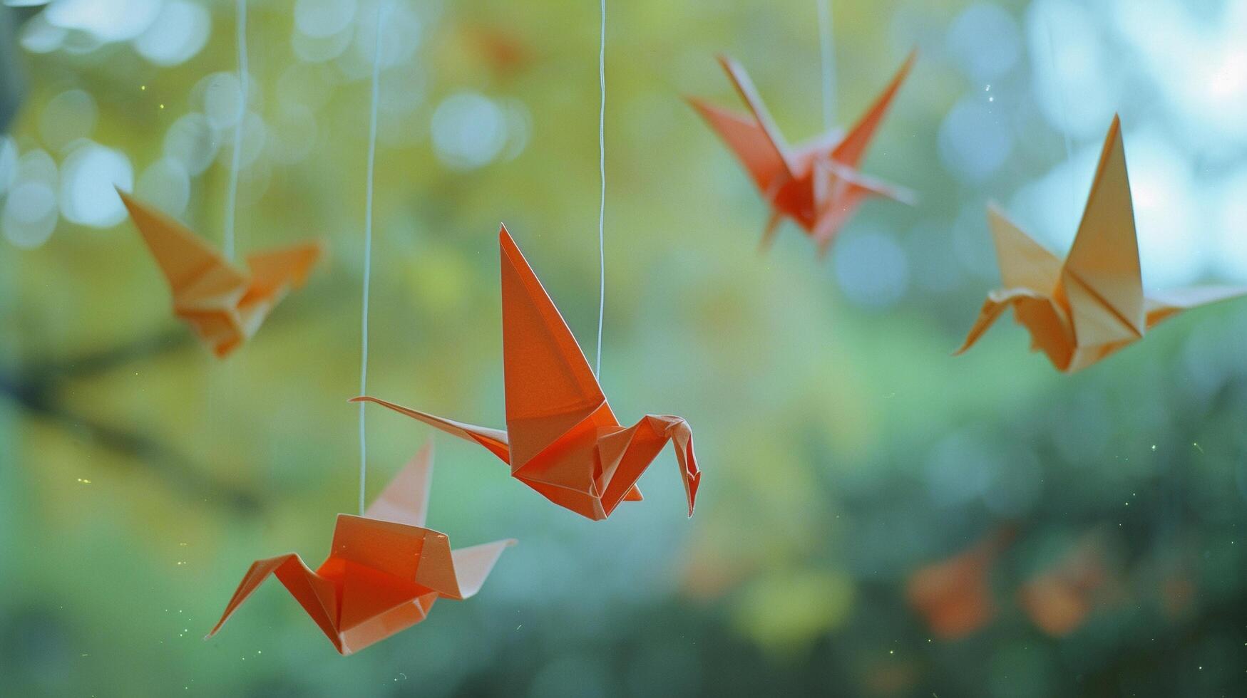 AI generated Origami Mobile, mobile composed of delicate origami creations, background image, generative AI photo