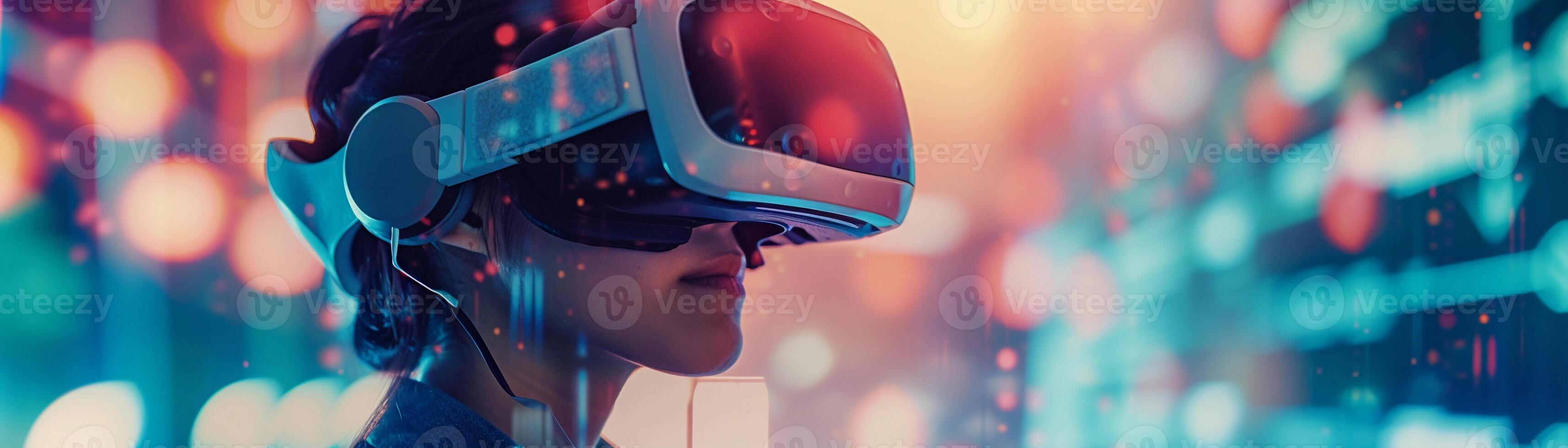 AI generated Virtual Reality Exploration, Capture someone wearing a VR headset, background image, generative AI photo