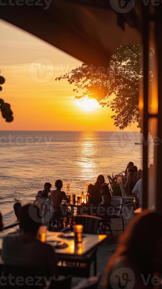 AI generated Beachside cafe scene during sunset, background image, generative AI photo