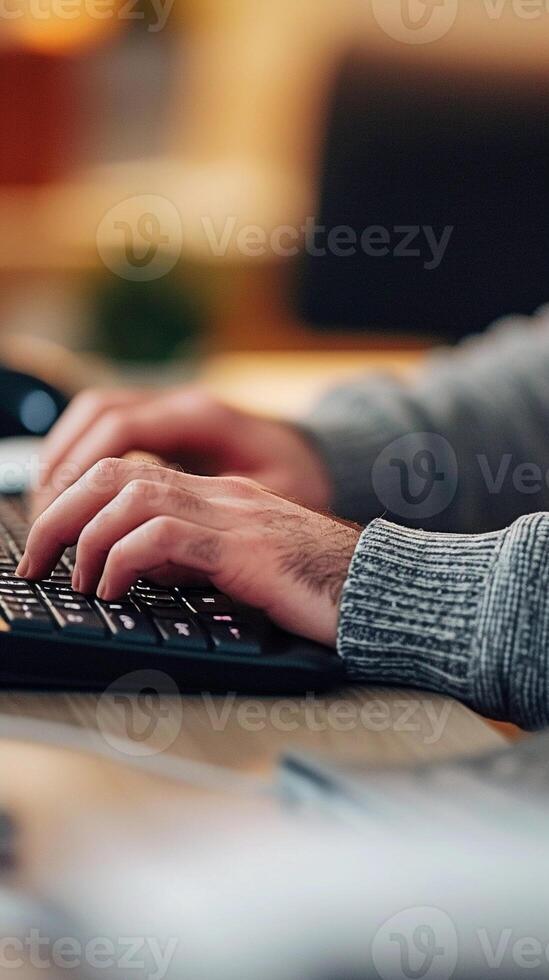 AI generated Zoom in on a person's hands typing on a keyboard, background image, generative AI photo