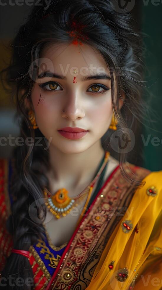 AI generated Portrait of young beautiful indian female wearing traditional indian clothes, generative AI photo