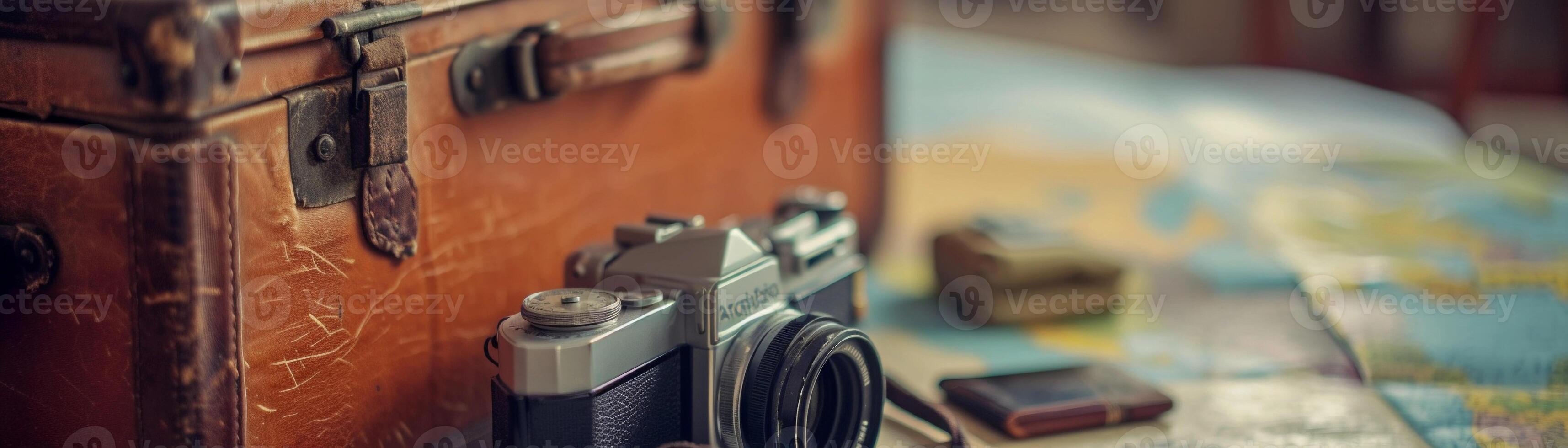 AI generated Capture a vintage suitcase open with travel essentials spilling out, background image generative AI photo