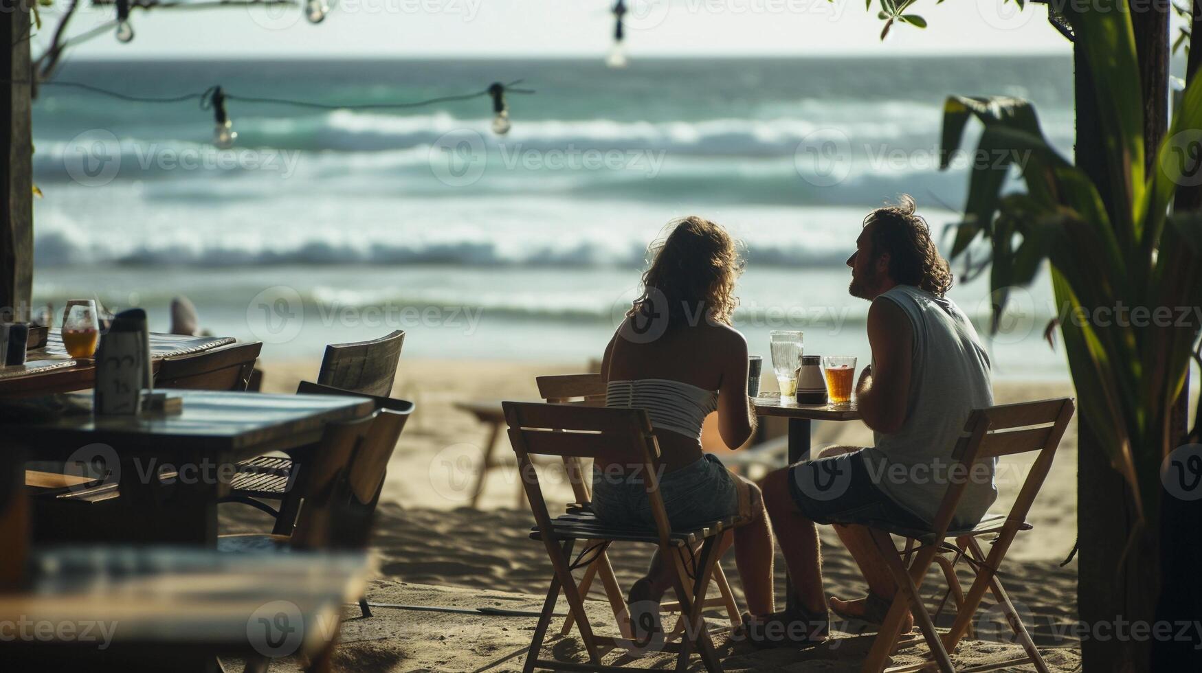 AI generated Coastal Coffee Date, couple or friends sitting at a beachside cafe, background image, generative AI photo